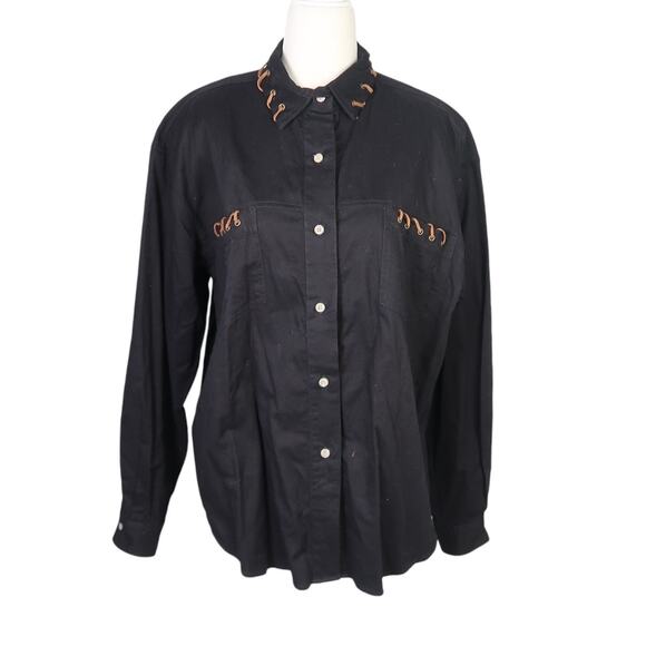 Vintage Tops - Vintage 90s KZK black western suede trim button down top L